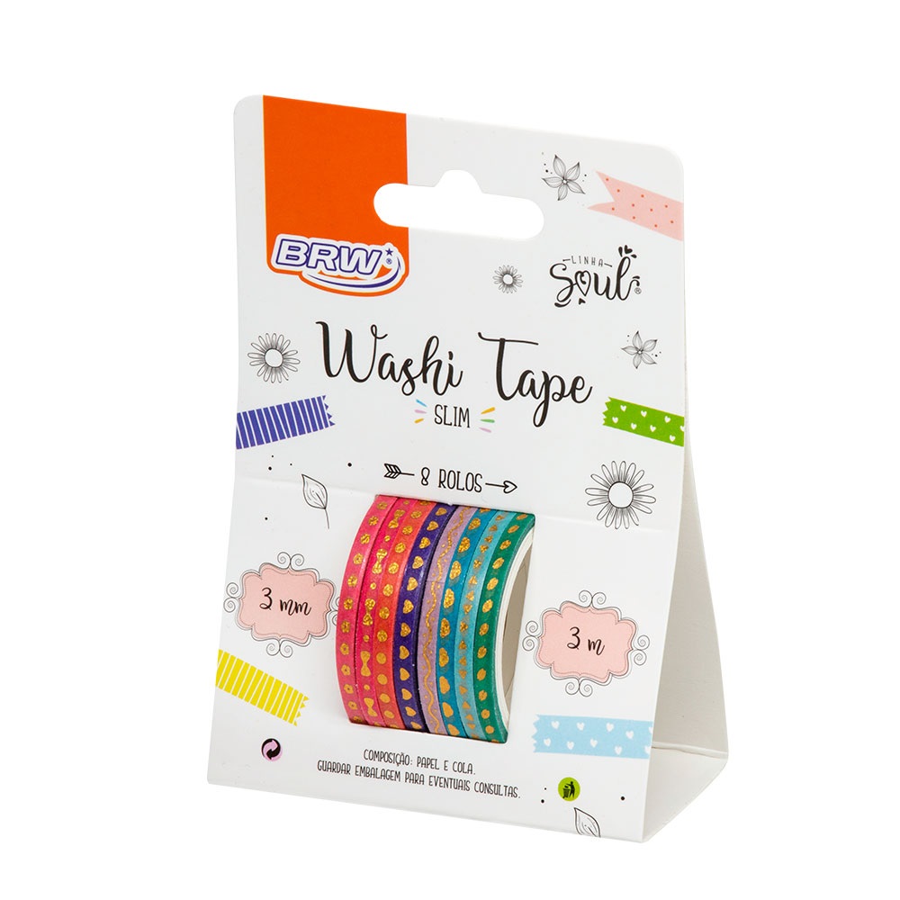 Fita Adesiva Brw Washi Tape Slim Hot Stamping 3mmx3m 8 Rolos 8 Cores