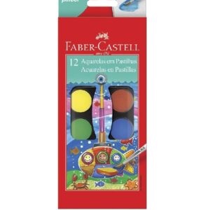 Tinta Aquarela Faber Castell Pastilha 12 Cores + Pincel 190012