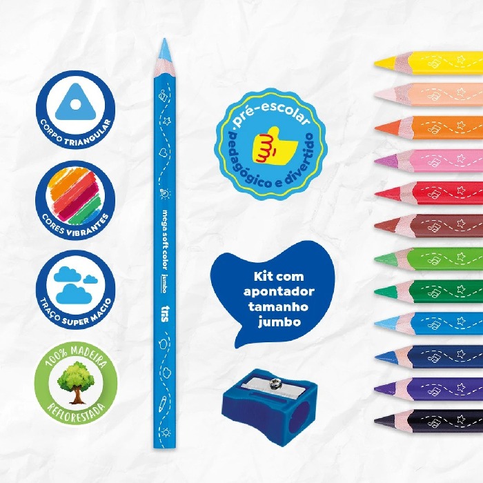 Lápis De Cor Tris 12 Cores Mega Soft Jumbo + Apontador - Imagem 3