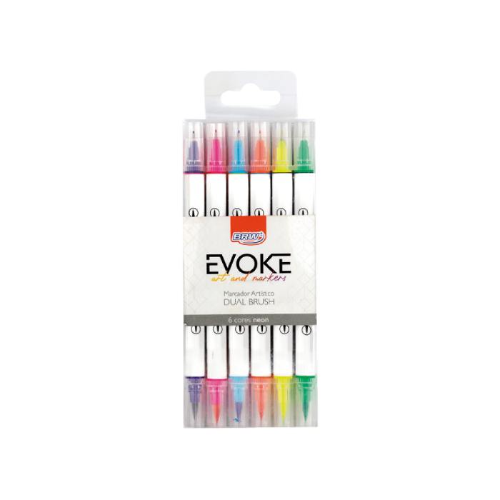 Caneta Evoke Marcador Artístico Brush Pen Dual 06 Cores Neon BP1005