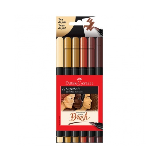 Caneta Hidrografica Faber Castell Brush Supersoft Ponta Pincel 06 Cores Tons Pele
