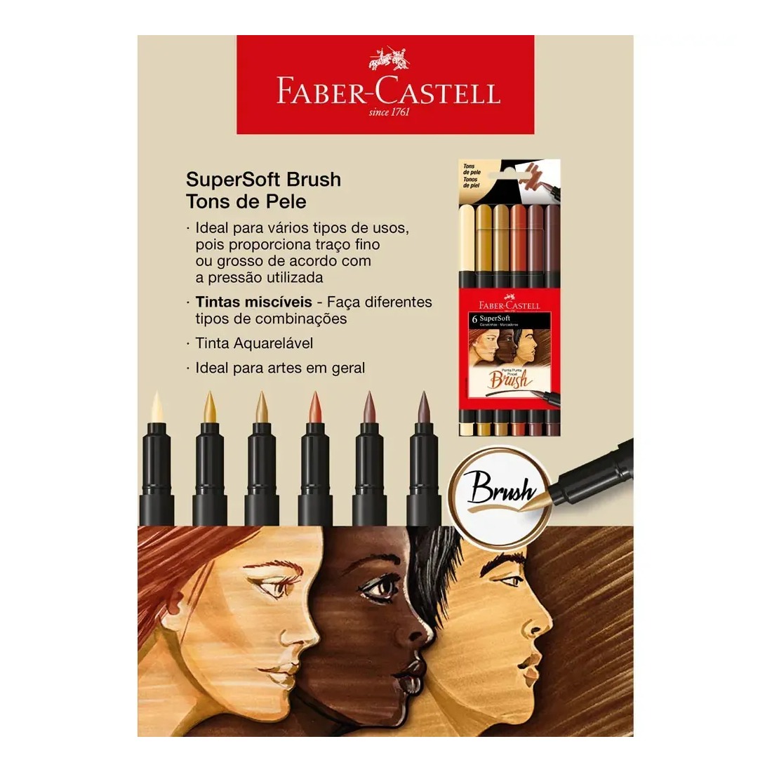 Caneta Hidrografica Faber Castell Brush Supersoft Ponta Pincel 06 Cores Tons Pele - Imagem 2