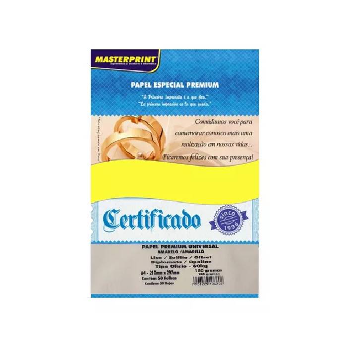 Papel Diplomata Premium Amarelo A4 180Grs 50 Folhas Masterprint 302070010