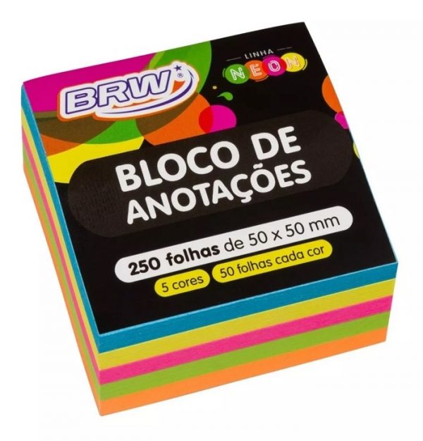 Bloco Adesivo Brw 50x50mm 5 Cores Neon 250 Folhas BA5050