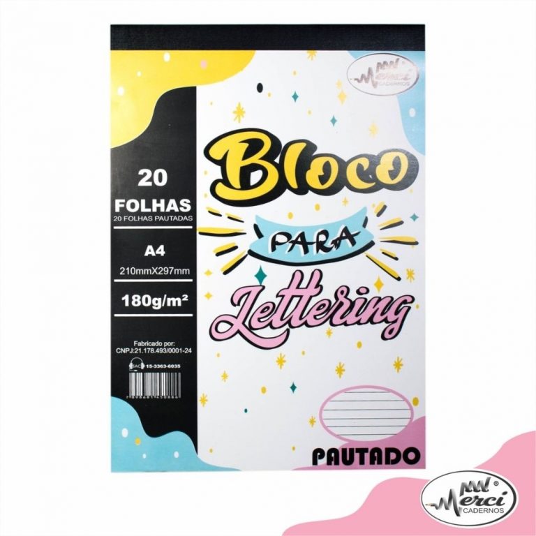 Bloco Artístico Lettering Pautado A4 180grs Branco C20 Folhas Merci Papelaria Criativa 6185