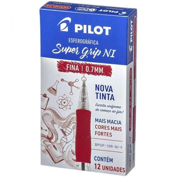 Caneta Esferográfica Pilot Super Grip Retrátil 0.7 Fina Vermelha C/12 Unidades