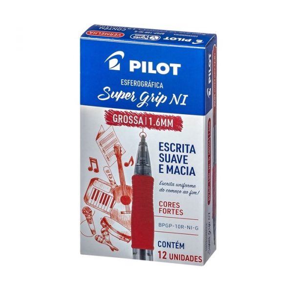 Caneta Esferográfica Pilot Super Grip Retrátil 1.6 Ponta Grossa Vermelha C/12 Unidades