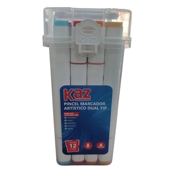 Caneta Marcador Artístico Dual Tip 2 Pontas Estojo 12 Cores Kaz