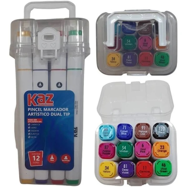 Caneta Marcador Artístico Dual Tip 2 Pontas Estojo 12 Cores Kaz