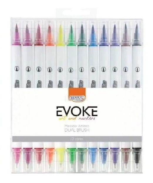 Caneta Pincel Dual Brush Aquarelável Estojo C/12 Cores Evoke BRW BP1012