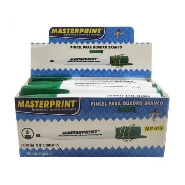 Caneta Pincel Para Quadro Branco Recarregável Verde - Masterprint MP619 C/ 12 Unidades