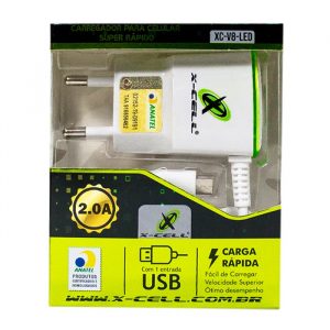 Carregador De Tomada Micro USB V8 1 Porta Branco X-Cell XCV8LED