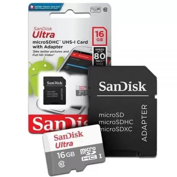 Cartão de Memória 16GB SanDisk Ultra MicroSDHC C10 UHS-I 80MB/s