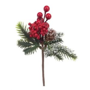 Enfeite De Natal Galho Folhas Frutas Vermelhas E Pinhas 16cm Cromus 1025960