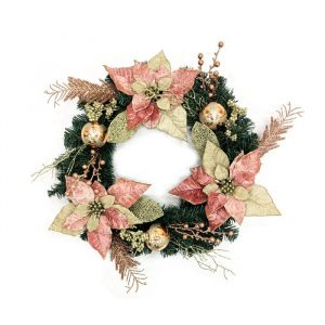 Enfeite De Natal Guirlanda Decorada Bico De Papagaio Bolas E Folhas Glitter Rose 56cm Magizi 26106