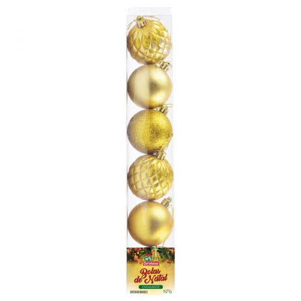 Enfeite Natal Bolas Mistas Diamante Dourado 07cm C/5 Unidades - Art Christmas ZC479