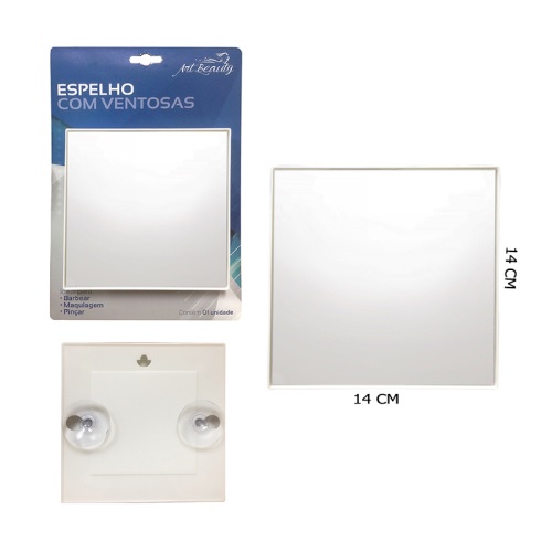Espelho Quadrado Com Ventosas 14cm Borda Plástica Branco IZ540