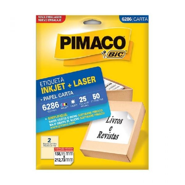 Etiqueta Ink-Jet + Laser Carta 138,11 x 212,73mm 6286 cx c/25 Fls Pimaco