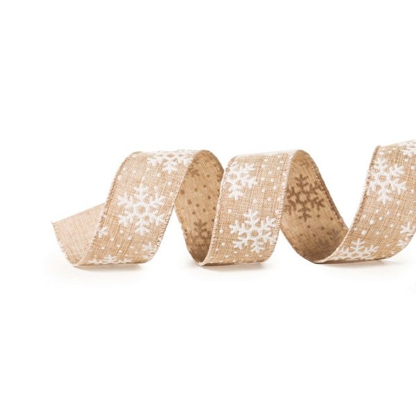 Fita Presente Aramada 38mm Flocos de Neve Natural/Branco Rolo 9,14Mts - Cromus 1641688