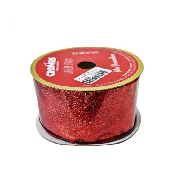 Fita Presente Aramada 38mm Glitter Vermelho Rolo 9,14Mts - Cromus 1417625