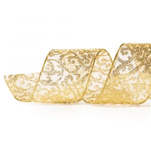 Fita Presente Aramada 63mm Glitter Arabesco Ouro Rolo 9,14Mts - Cromus 1641968