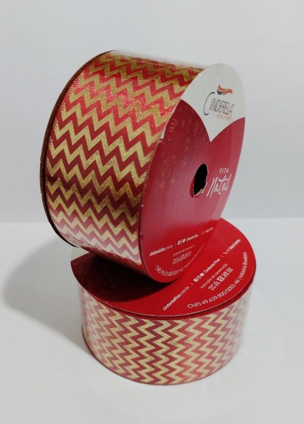 Fita Presente Cetim Cinderela Chevron Vermelho 697 38mm N°09 Metro