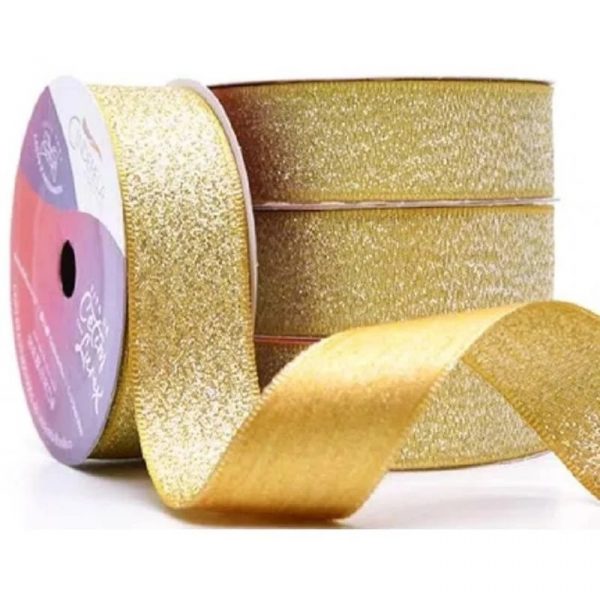 Fita Presente Cetim Lurex Cinderela Dourado 055 22mm N°5 Rolo 10 Metros