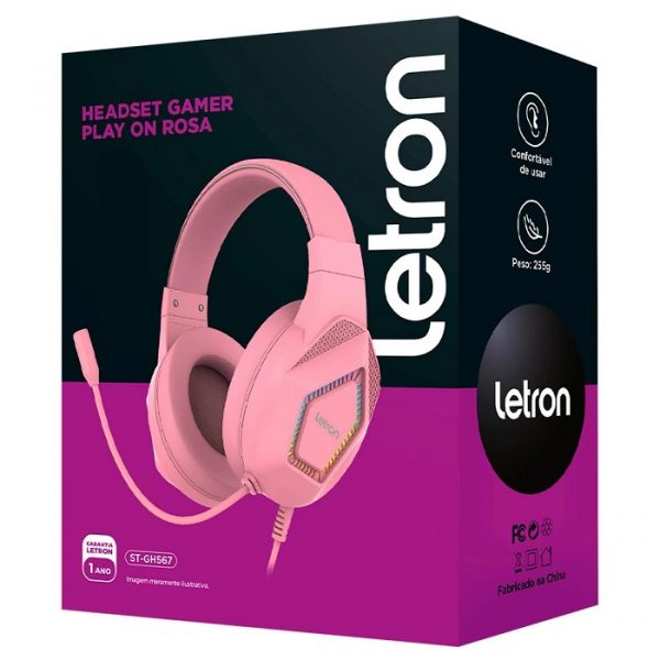 Fone De Ouvido Headset Gamer Play On Rosa Led Rainbow 2M Driver/40mm Letron