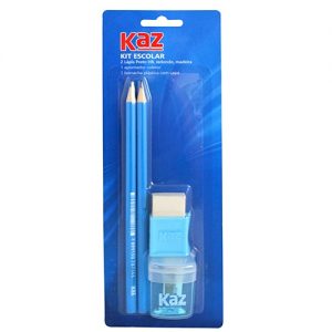 Kit Escolar Kaz C/2 Lapis HB Apontador e Borracha Azul KZ1903AZ