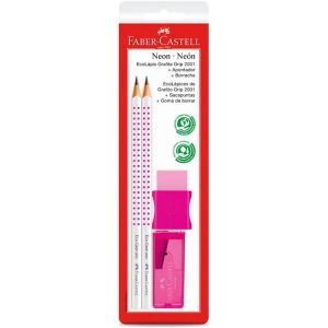Kit Grip 2001 Faber CasTell Lápis Preto N.2 + Apontador + Borracha Rosa Neon BT 4 UN