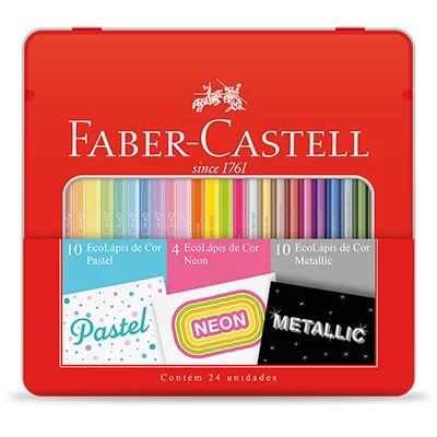 Lapis De Cor Faber Castell 24 Cores Estojo Lata 10 Pastel + 4 Neon + 10 Metallic KIT/CORES