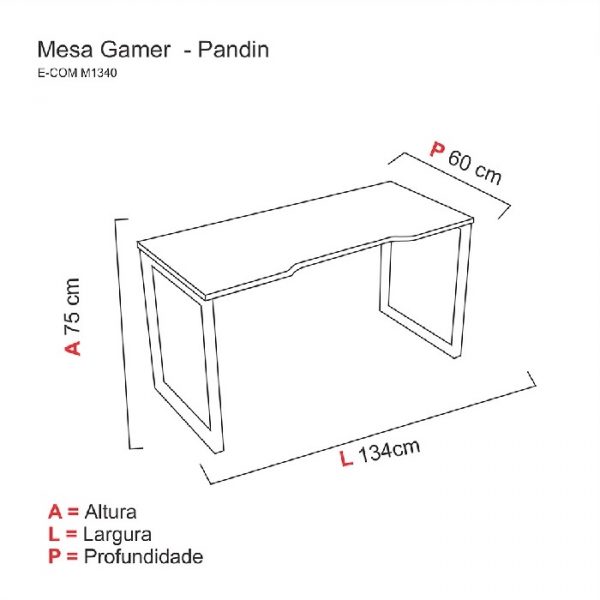 Mesa Gamer Pé Tubolar Home Office Pandin Preto Com Borda Vermelha Tampo 1,35m 55800