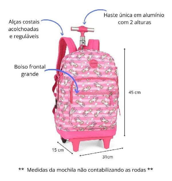 Mochila Com Rodinhas Luxcel UP4YOU Unicórnio Rosa MC51396UPRS