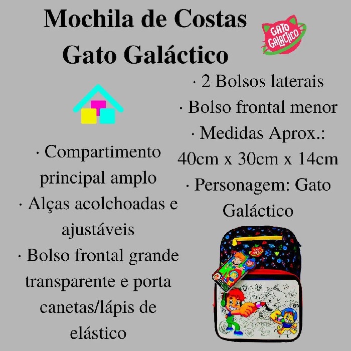 Mochila De Costas Escolar Infantil Gato Galáctico r - GATO GALÁCTICO