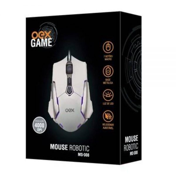 MOUSE OEX USB OPTICO ROBOTIC GAME LED 7 BOTOES VELOCIDADE AJUSTAVEL 1600/2400/3200/4000DPI MS308