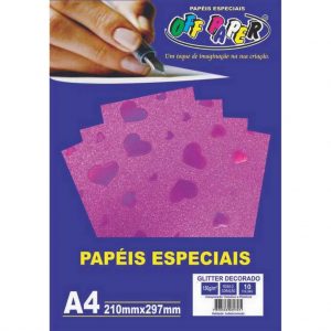 Papel Off Paper Gliter Decorado Rosa Com Coracao 150grs A4 10fls 10496
