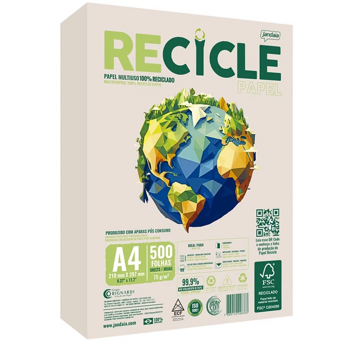 Papel Sulfite Jandaia A4 Reciclado Recycle 75grs 500 Folhas 03056 Papelaria Criativa 6733