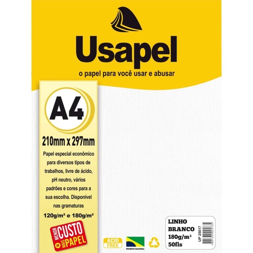 Papel Linho Branco A4 180grs Usapel C50 Folhas Papelaria Criativa 8382