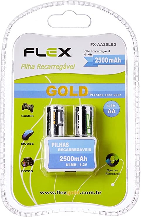 Pilha Recarregável AA 1,2v 2500mah C/2 unidades – Flex Gold - Papelaria  Criativa