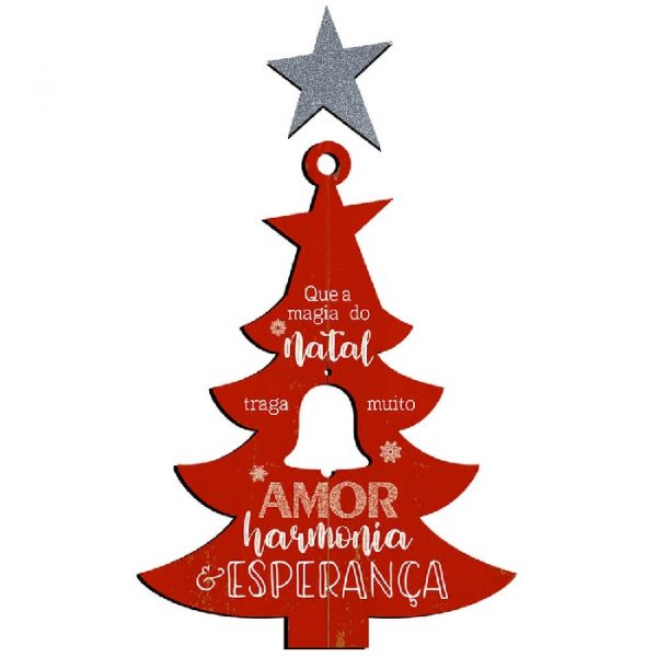 Placa Decorativa MDF Litoarte Natal Tag Árvore Com Guizo Vermelho DHT5N008