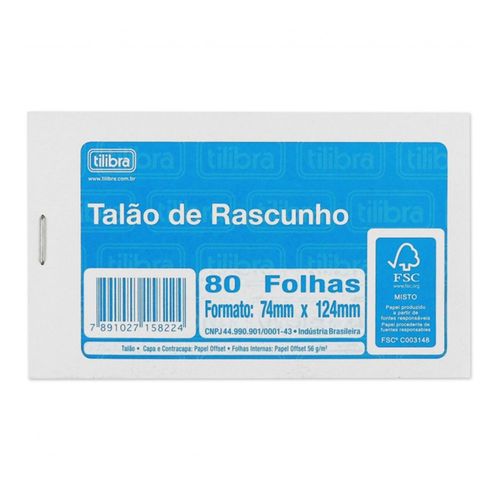 RASCUNHO SULFITE 74X124MM 80FLS TILIBRA PCT20 158224