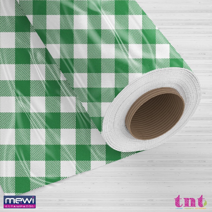 Tecido Estampado TNT Mewi Xadrez Verde Fundo Branco Metro 01017B